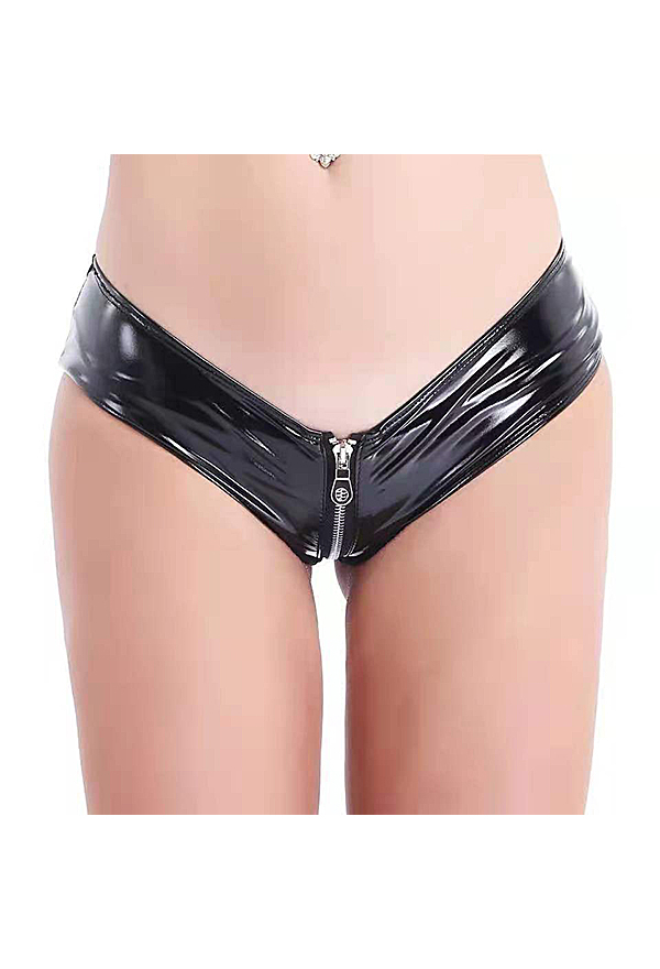 Sexy Black Briefs Zipper Shiny Low Rise Open Crotch Panty Night Underwear Club Wear