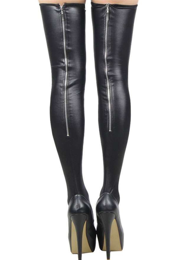 Sexy Black Faux Leather Back Zipper Thigh High Stockings