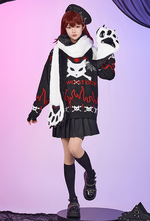 Gothic Emo Girl Black White Plush Cat Paw Design Long Scarf for Autumn Winter
