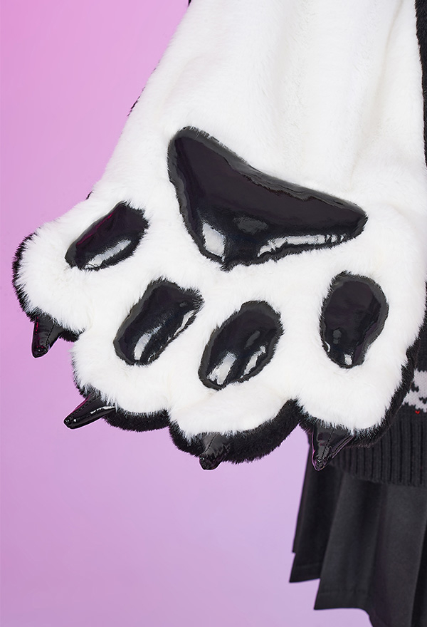 Gothic Emo Girl Black White Plush Cat Paw Design Long Scarf for Autumn Winter