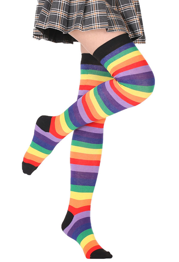 Pride Day Accessory Rainbow Striped Elastic Stockings Acrylic Over Knee Thigh High Stockings 3 Pairs in Total