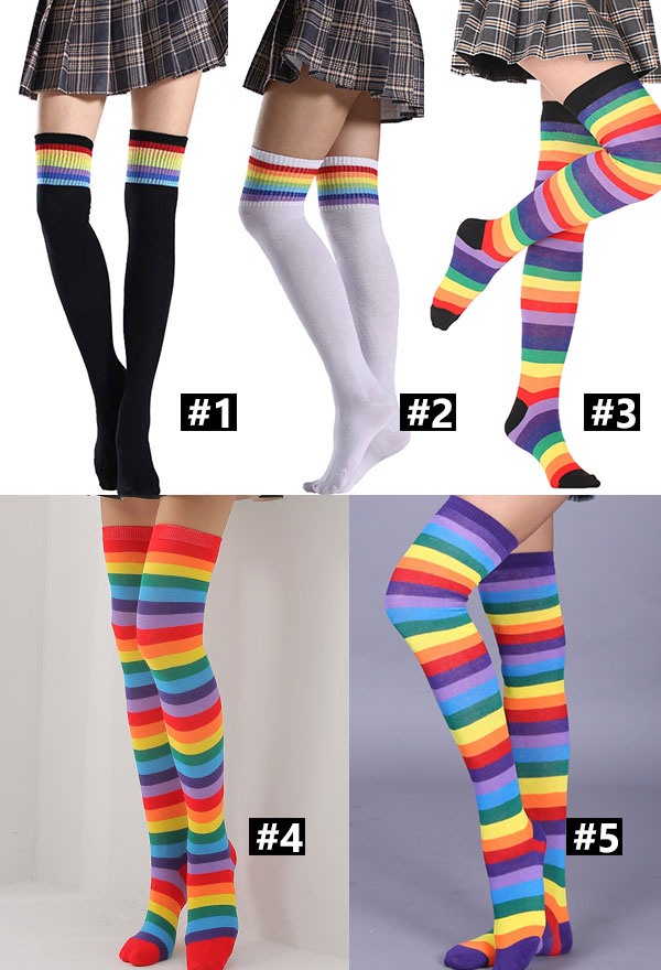 Pride Day Accessory Rainbow Striped Elastic Stockings Acrylic Over Knee Thigh High Stockings 3 Pairs in Total