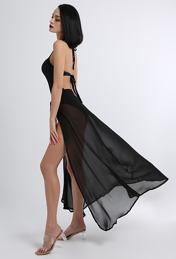 Veil Dream Women Gothic Black Chiffon Lace Up Sarong Long Wrap Skirt