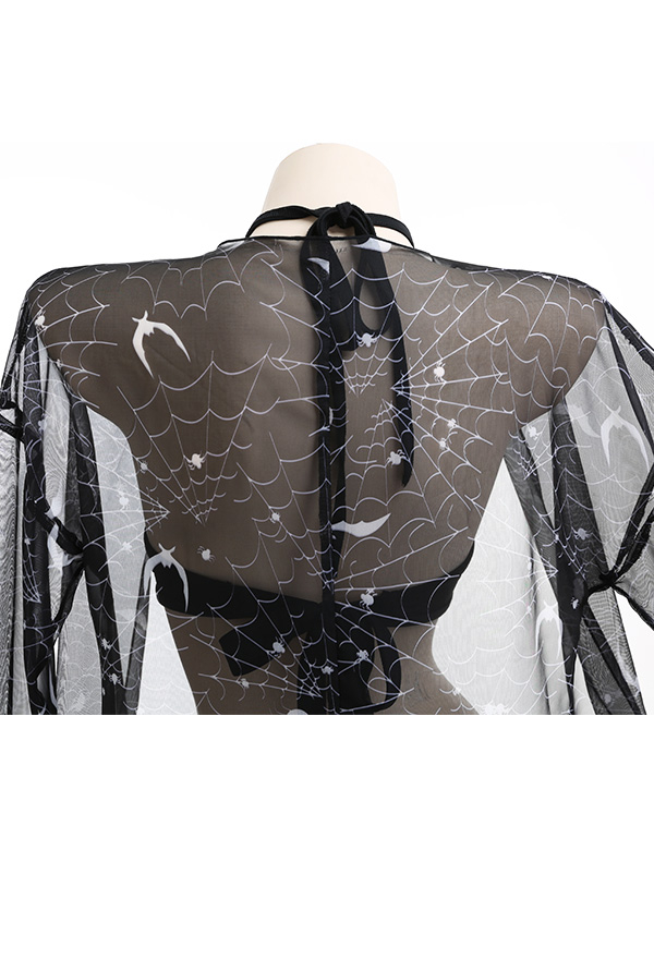 Bite U Gothic Black Bat Spiderweb Print Long Sleeves Sheer Chiffon Kimono Coverup