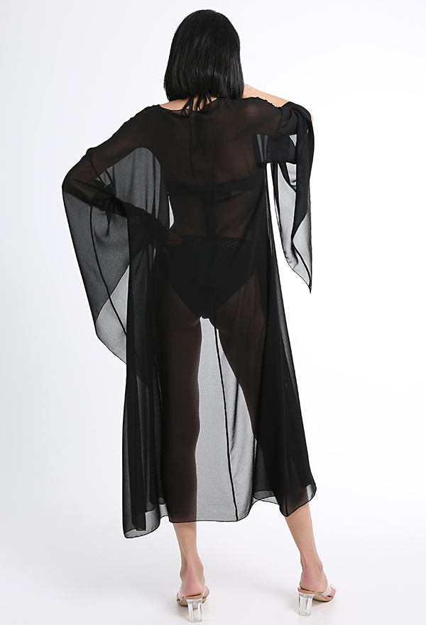 Veil Dream Black Gothic Tie Front Long Sleeves Sheer Chiffon Swimsuit Cover Up for Women