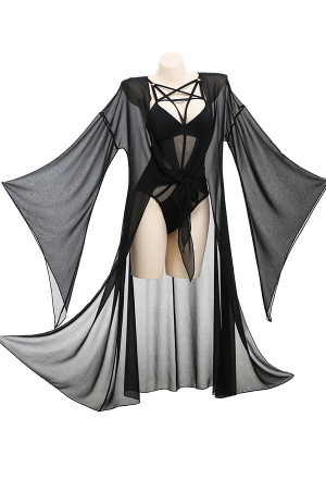 Gothic Summer Attractive Beach Cover Up Black Chiffon Tie Front Long Sleeves Cover Up for Women