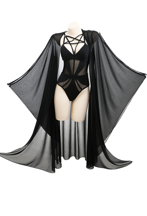 Gothic Attractive Witch Swimsuit Cover Up Black Chiffon Big Long Sleeves Beach Cover-up Cardigans for Summer