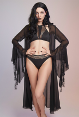 Vampire Morticia Gothic Black Trumpet Sleeves Long Sheer Chiffon Swimsuit Cover Up