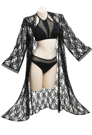 Gothic Summer Beach Focus Your Eyes Swimsuit Cover Up Black Lace Sheer Floral Pattern Long Sleeves Kimino Wrap