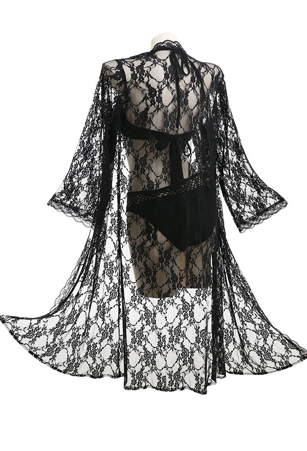 Veil Dream Gothic Black Lace Sheer Floral Pattern Long Sleeves Kimono Swimsuit Cover Up