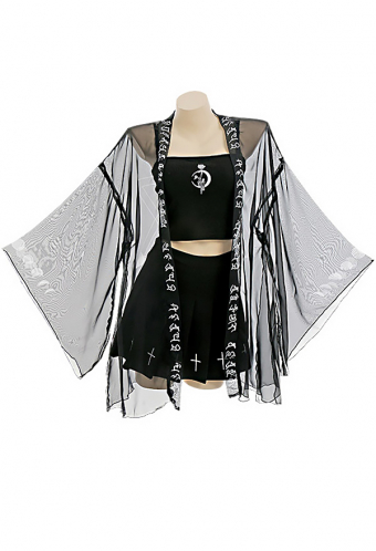 Veil Dream Women Gothic Black Moon Print Long Trumpet Sleeves Kimono Swimsuit Cardigan