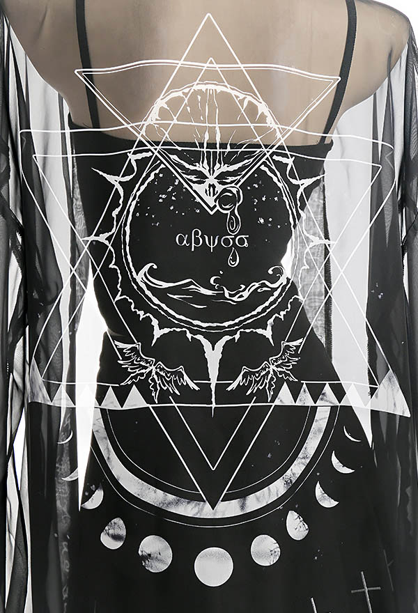 Veil Dream Women Gothic Black Moon Print Long Trumpet Sleeves Kimono Swimsuit Cardigan