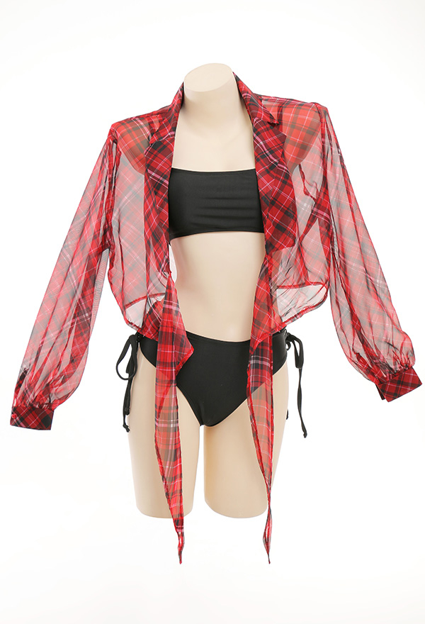 Veil Dream Women Punk Plaid Puff Sleeves Swimsuit Cover Up