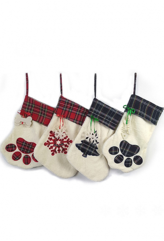 Christmas Cute Pet Paw Pattern Stockings Plaid Fireplace Hanging Stockings Christmas Decorations for Pet (18inch)