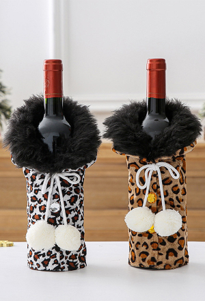Christmas Cute knit Red Wine Bottle Cover Bags Velvet Leopard Pattern Pompom Hanging Decorated Christmas Wine Bottle Cover