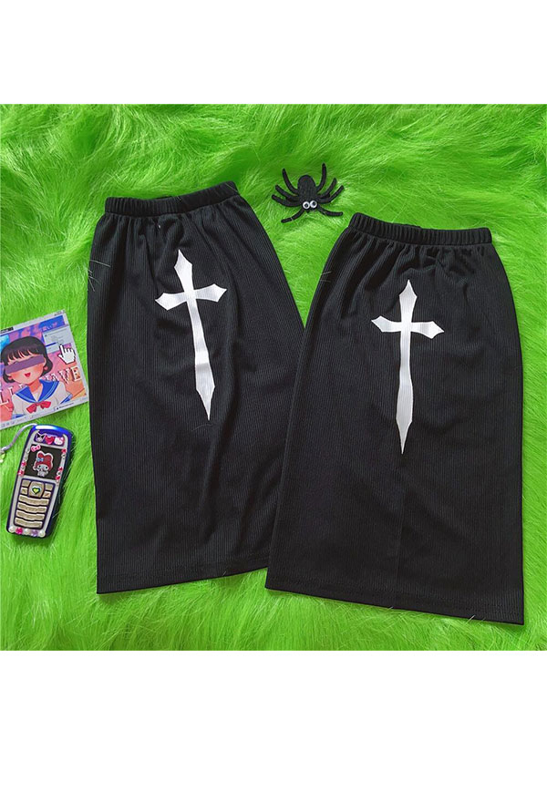 Women Gothic Y2K Style Black Cross Print Leg Warmers