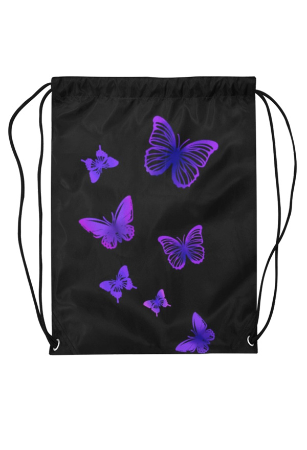 Gothic Girl Aesthetic Butterfly Print Gym Drawstring Bag Black Purple Yoga Bag for Sports