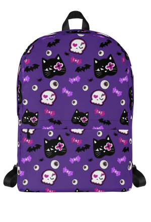 Gothic Purple Cat Skeleton Print Casual Backpack