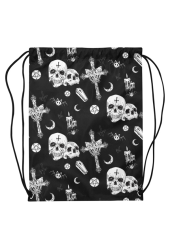 Halloween Gothic Black Skeleton Cross Elements Print Drawstring Bag Sackpack