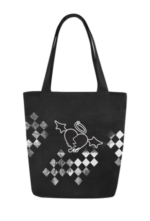 Gothic Revenge Girl Plaid Beach Canvas Bag Black Broken Heart Prints Reusable Tote Bag for Beach Travel