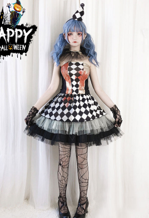 Gothic Scarlet Magician Vampire Dress Dark Style Polyester Plaid Pattern Strapless Tutu Dress Halloween Costume
