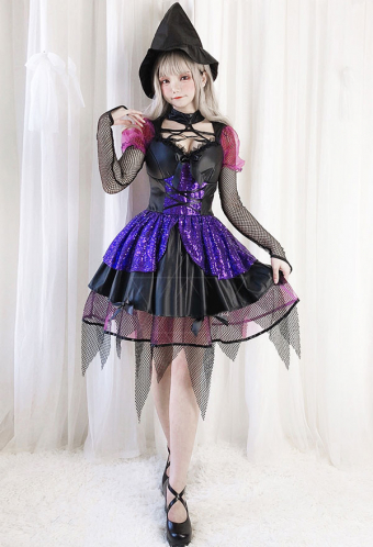 Gothic Lolita Evil Witch Halloween Costume Dark Style Polyester Lace-Up Chest Open Net Yarn Sleeves Tutu Dress with Hat
