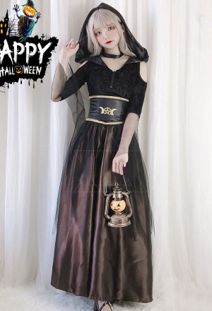 Gothic Sacrificial Witch Elegant Bridesmaid Dress Dark Style Polyester Net Yarn Sleeves Hooded Long Dress Halloween Costume