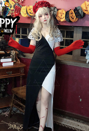 Gothic Scarlet Bride Vampire Dress Dark Style Polyester Leopard Print Sleeves V Neck High-Low Dress with Red Gloves Halloween Costume