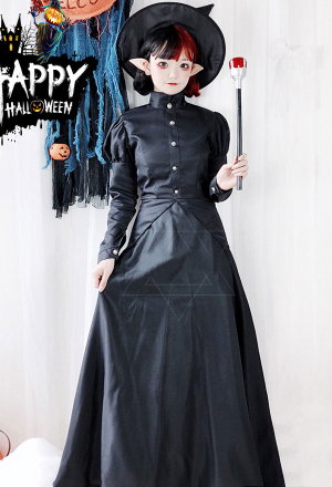 Gothic Aesthetic Witch Halloween Costume Black Polyester High Collar Long Sleeve Front Button Party Dress with Hat