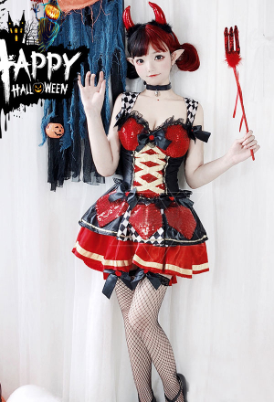 Demon Vampire Queen Lolita Dress Dark Goth Style Red Polyester Bow decorated Back Lace-Up Cami Dress Halloween Costume