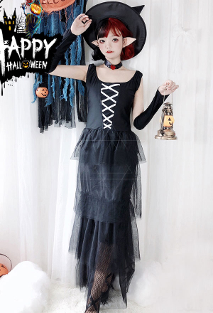 Gothic Aesthetic Witch Dress Halloween Costume Black Polyester Front Lace Up Sleeveless Layered Bridal Dress with Hat
