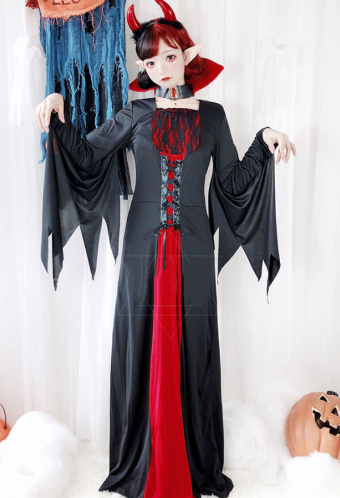 Gothic Demon Vampire Queen Dress Dark Style Polyester Batwing Sleeves Stand-Up Collar Long Dress