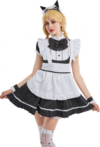 Gothic Maid Costume Halloween Twilled Fabric Maid Costume with Cat Ear and Apron