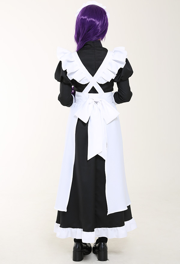 Women Gothic Maid Uniform Halloween Costume Retro Court Style Spandex Ruffle Decorated Long Dress with Apron and Hairband