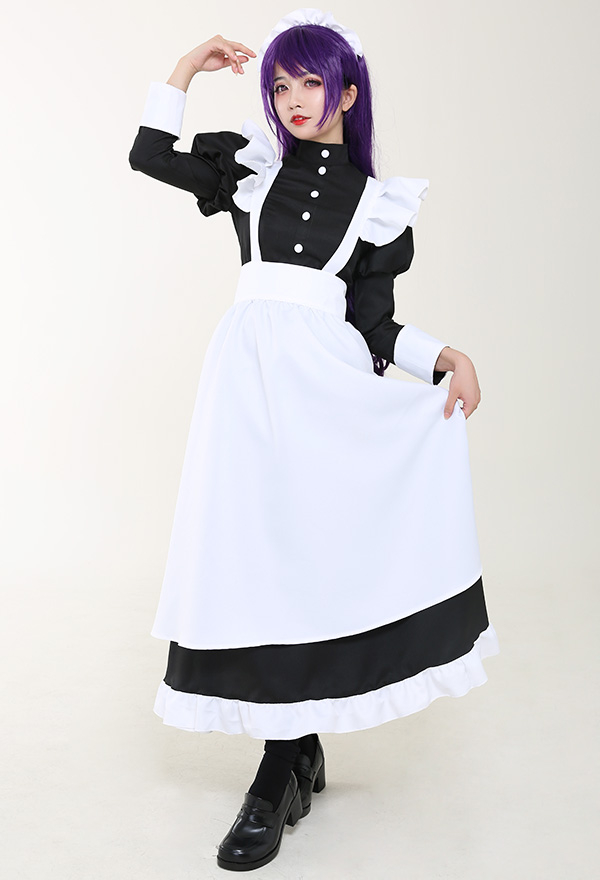 Women Gothic Maid Uniform Halloween Costume Retro Court Style Spandex Ruffle Decorated Long Dress with Apron and Hairband