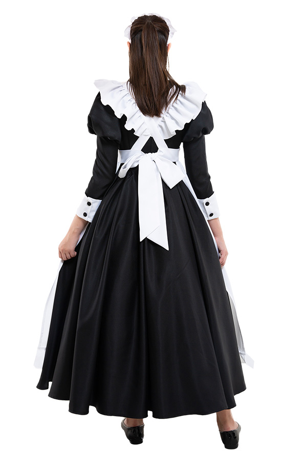 Gothic Victorian Fancy Maid Dress Retro Style Black and White Ruffle Decorated Servant Long Dress Halloween Costume