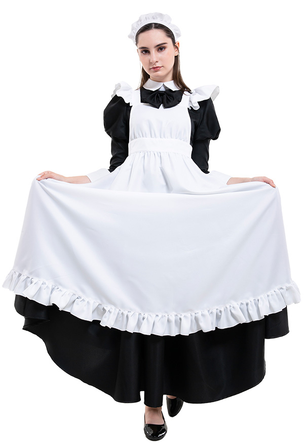 Gothic Victorian Fancy Maid Dress Retro Style Black and White Ruffle Decorated Servant Long Dress Halloween Costume