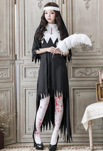 Gothic Church Bloody Vampire Nun Dress Dark Style Polyester Cross Pattern High-low Dress Halloween Costume