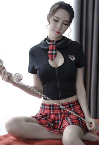 Kawaii Uniform Set Academic Style Sexy Polyester Top and Plaid Skirt