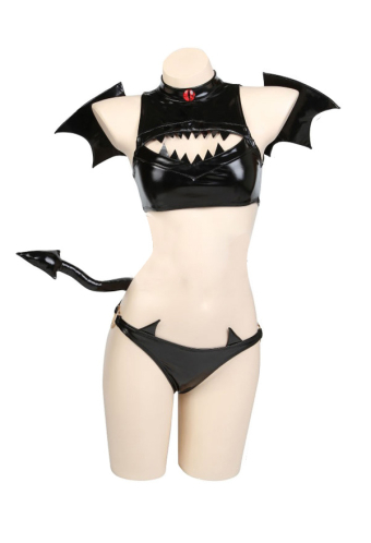 Gothic Devil Bikini Set Black Sexy Patent Leather Patent leather With Tail And Wing