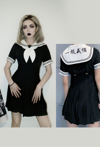 Gothic Sailor Dress Japenese Style Black Drossover Fabric Embroidered Dress