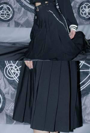 Gothic Irregular Pleated Skirt Black Polyester Chain Skirt