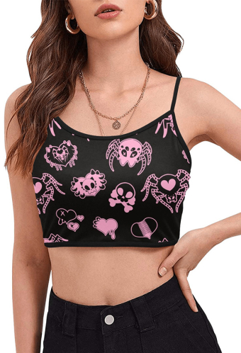 Piosonous Women Gothic Grunge Style Pink Spider Print Crop Top