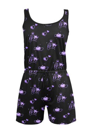 Women Cute Black Purple Bunny Print Romper
