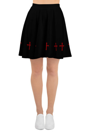 Women Gothic Black Red Cross High Waist Skater Skirt