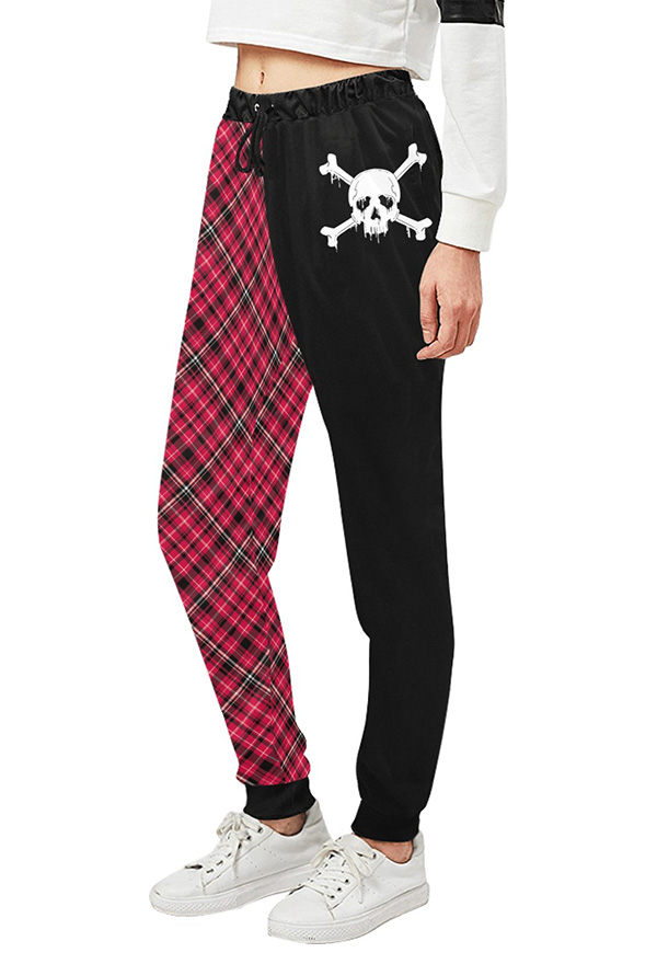 Women Halloween Gothic Black Red Plaid Skeleton Track Pants