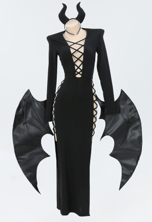 MIDNIGHT DEVIL Gothic Vintage Succubus Style Dress Black Halloween Dress with Removable Wings