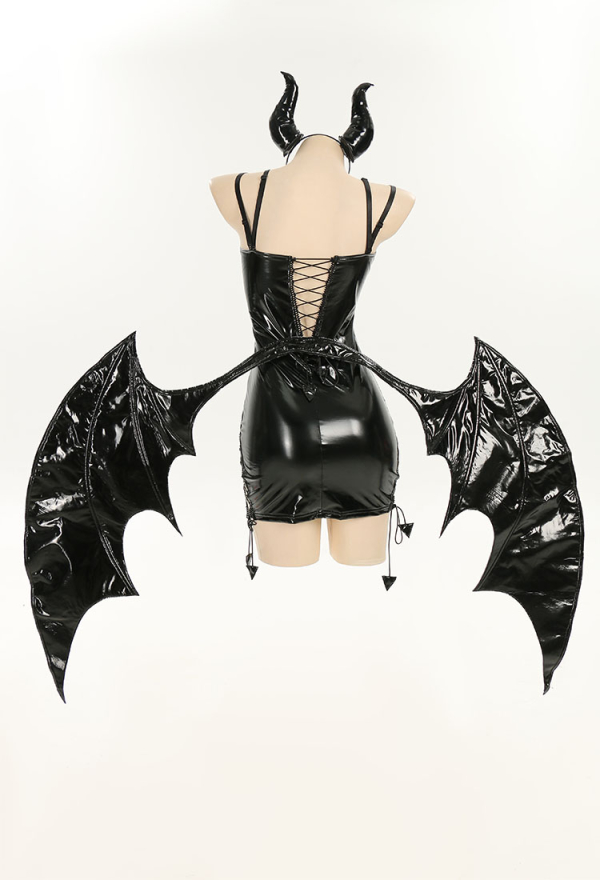 MIDNIGHT DEVIL Succubus Style Sexy Dress Black PU Leather Dress with Detachable Wings and Horns