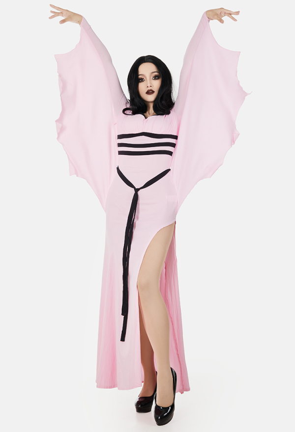 Elegant Rose Vampire Gothic Hood Dress Pink Bat Hem Sleeves Slit Dress