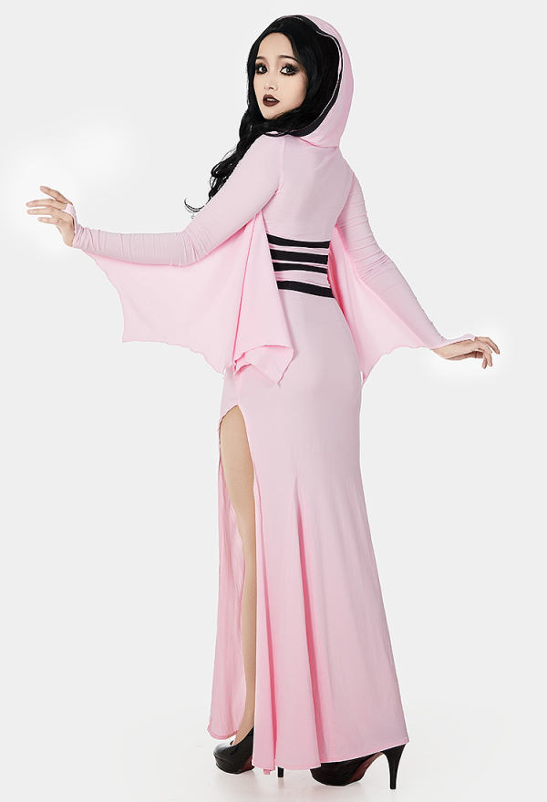 Elegant Rose Vampire Gothic Hood Dress Pink Bat Hem Sleeves Slit Dress